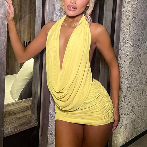 Mylleure Sheer Mesh 2 Piece Outfits for Women Summer Sexy Sleeveless Cowl Neck Halter Tank Top Bodycon Ruched Mini Skirt Set4