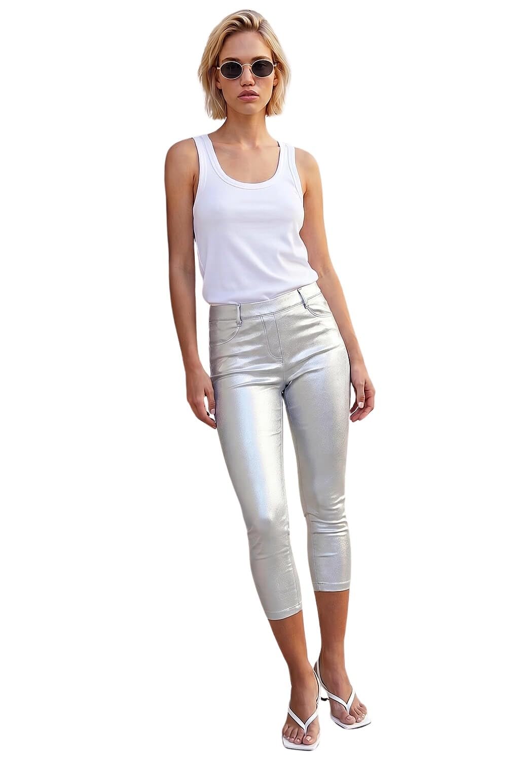 Roman Women's Silver Metallic Coated Crop Jeggings Size 16