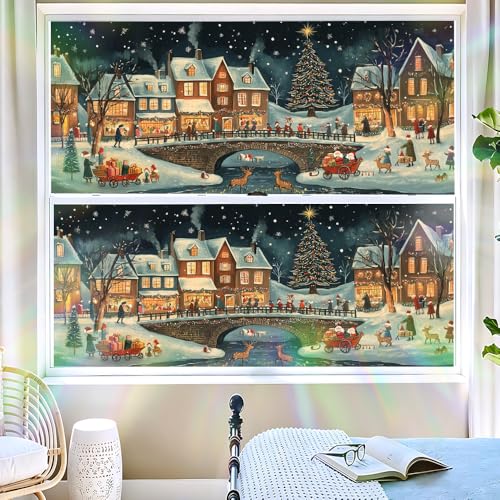 Image of Folk Art Christmas Village Night Window Film 39.37x17.32in Cling