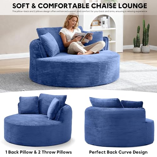Image of Oversized Round Chair Lounge Chaise Indoor, 53.5 inch Upholstered Corduroy Deep Seat Single Cloud Sofa Chair, Fluffy Modern Large Circle Boneless Sleeper Sofa for Living Room, Bedroom, Blue