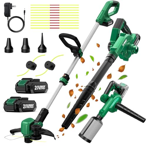 KIMO 20V Weed Wacker and Blower Combo w/2 x 2.0Ah Battery & Charger, 12 Inch String Trimmer w/10Pcs Cutting Lines, 4-in-1 Leaf Blower Cordless w/Vacuum, 3 Nozzles & 20' Extended Tube for Yard, Garden