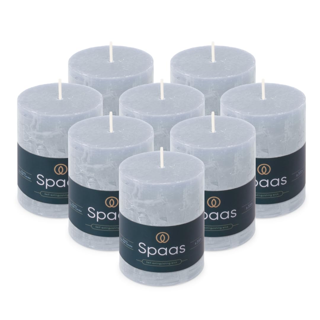 Spaas 8 Unscented Rustic Pillar Candles, 70/95mm, ± 35 Hours, Light Blue