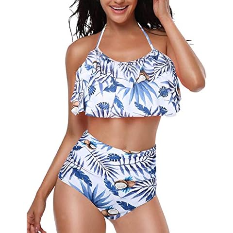 heekpek Conjunto de Bikini Mujer de Cintura Alta Traje de Baño de Dos Piezas Volantes Correas de Espagueti Bañador Plisado Estampado Rayas Ropa de Playa Tallas Grandes Cover