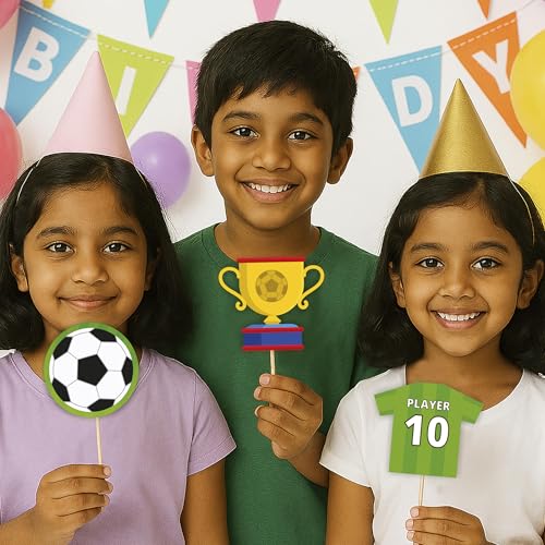 Image of Just Party Football Theme Happy Birthday Cake Topper & Birthday Props for Kids | Soccer Cake Toppers for Cake Decoration & Photo Props / Muffin Toppers | Set of 6 Props + 1 Topper