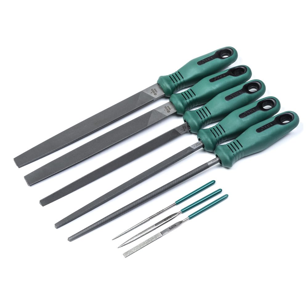 SATA ST09910 8-teiliges Feilenset aus Metall, flach, halbrund, rund und eckig mit ergonomischen Griffen in Ablageschale