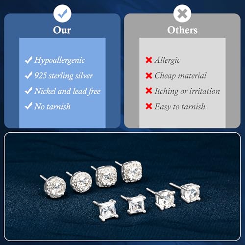 Sereney Sterling Silver Stud Earring for Men 6mm, 8mm Halo Stud Hypoallergenic Earrings 5A Cubic Zirconia Earrings CZ Studs Earrings for Girl Women3