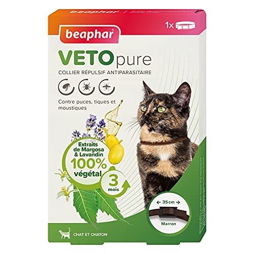BEAPHAR – VETOPURE – Collier répulsif antiparasitaires pour Chat & Chaton – Extraits de Margosa & de Lavandin – Contre Les puces/tiques/moustiques – Protection 3 Mois – Résiste à l’Eau – Marron