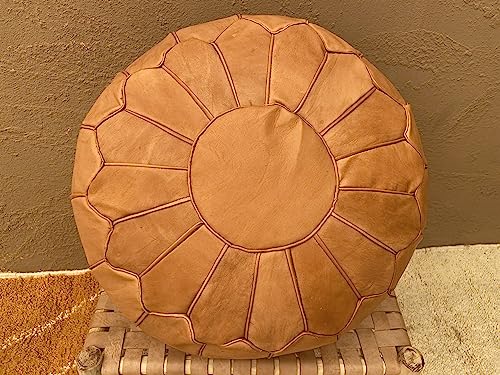 KESHMARK Luxury Round Pouf Handmade Comfortable Boho Ottoman & Footrest Premium Goat Leather (Unstuffed) (Tan (Edge Design))