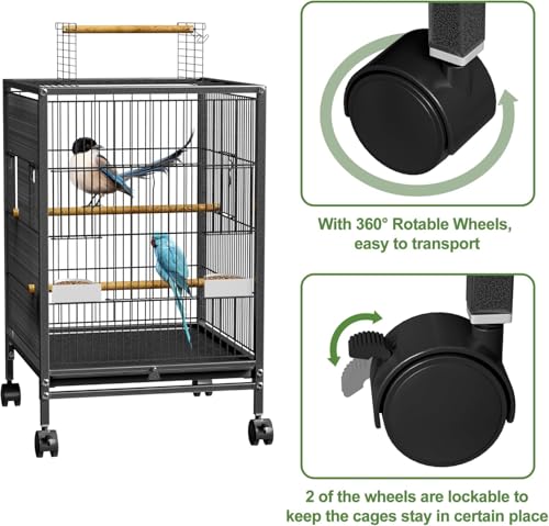 Image of Foldable Metal Bird cage,Villa for Budgies, Zebra Finches,Java,Cocktail, Conures,Alexander Parrot, Green Parrot with Stand,Wheel,2cups and 2 Perch Sticks,2 Side Doors- White Color