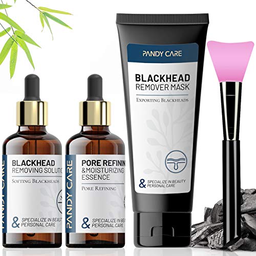 Blackhead Remover Mask, Bamboo Charcoal Peel Off Face Mask - PandyCare 4-in-1 Black Head Removal Facial Mask Kit with Blackheads Softener, Pore Refining Essence & Brush For Men Women (60ml+20ml+20ml)