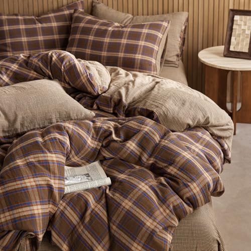Image of EAVD Vintage Style Brown&Blue Plaid Duvet Cover Full Soft 100% Muslin Cotton Brown Green Blue Grid Checkered Plaid Bedding Set with 2 Pillowcases Reversible Gingham Duvet Cover with Zipper