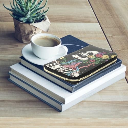 MNSRUU Womens Wallet Purses, Gothic Skull Skeleton Holding Flowers Clutch Purses for Women RFID Blocking Credit Card Holder Wallet Leather Zipper Coin Purse3