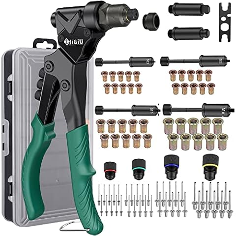 3 in 1 Rivet Gun Set with Case, JiGiU 360° Swivel Head Professional Riveter Reamer Rivet Nut Tool with 4 Metric Mandrels,Rivet Head & 2 Reaming Mandrels 40 Rivets & 40 Nuts, Riveting Tool Rivet Plier Cover