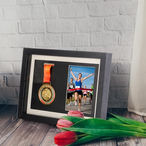 Image of Hacaroa Medal Display Shadow Box, Single Medal and Photo Display Frame Case, Wood Marathon Medal Storage Box for Runners, All Sports Winners, Military Awards, Black (Pack of 2)