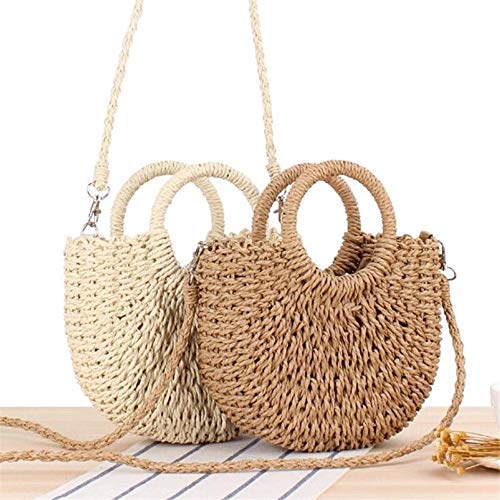 Shoulder Bags Handmade Half-Round Rattan Woven Straw Bag Summer Women Messenger Crossbody Bags Beach Handbag(Brass)2