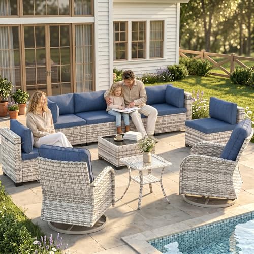 Image of 10-Piece Modern Patio Furniture Set with Swivel Chairs, Thick Cushions, Dual-Strand Wicker Rattan, Rust-Resistant Frame, Navy Blue