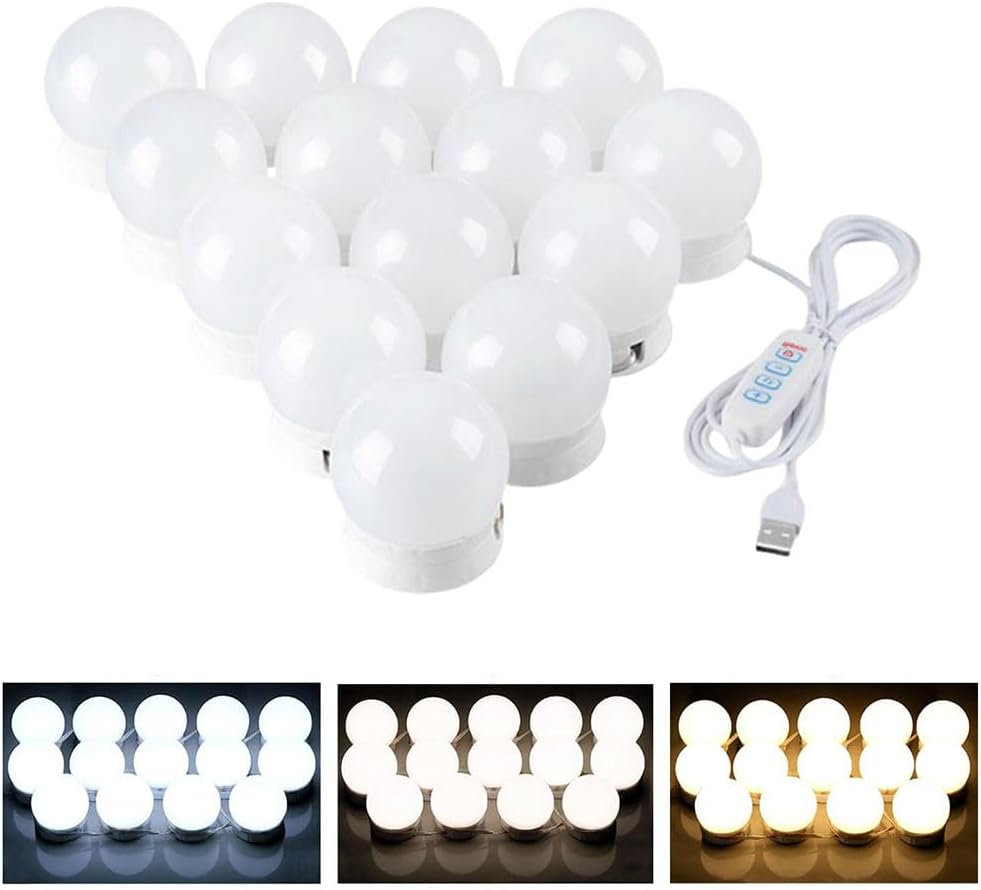 LED Vanity Lights for Mirror, Hollywood Style Vanity Lights with 10 Dimmable Bulbs, Adjustable Color & Brightness, USB Cable, Mirror Lights Stick on for Makeup Table Dressing Room (14 Lights)