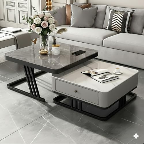Image of Handmade Drawer Square 20 inchx20 inch Coffee Table /Nesting Table /Side Table /Center Table with Marble Finish Top for Living Room /Drawing Room (Black & Grey)