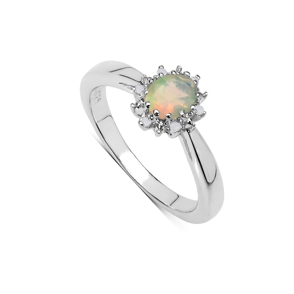 The Opal Ring Collection: Beautiful Small Oval Opal & Diamond Cluster Engagement Ring in Sterling Silver, Engagement Ring, Mother's Day, Size H,I,J,K,L,M,N,O,P,Q,R,S,T,U,V,W,X, Metal, Opal Diamond,