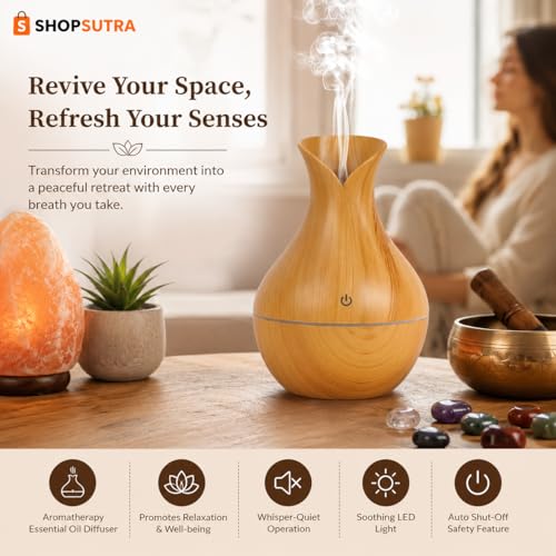 Image of Aroma Diffuser with LED Light - USB Powered Tabletop Mist Humidifier for Desk and Bedside Use (Pot Wood Aroma Diffuser)