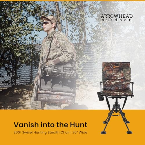 ARROWHEAD OUTDOOR Wide Folding 360° Hunting Swivel Blind Chair with Removable Camouflage Seat Pad, Armrest, No-Sink Feet, Shoulder Strap, Mesh Chair, Adjustable Height