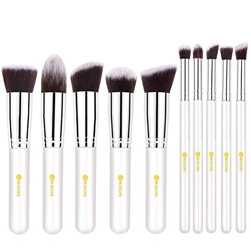 BESTOPE 10pcs Powder Blush Foundation Contour Makeup Brushes Set Cosmetic Tool(10PCS White+Silver)