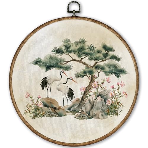 TLESKE Vintage Crane Bird Round Wall Art Decor Framed 10x10,