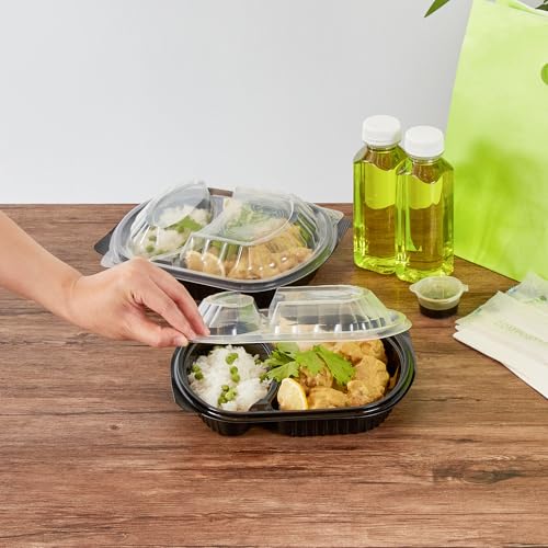 Image of Restaurantware-Chef 101 28 Ounce Meal Prep Containers, 100 Microwavable To Go Containers With Lids - 2 Compartments, Disposable, Black Plastic Oval Food Containers, For Hot And Cold Food, Freezable
