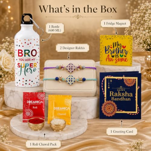 Image of Dreamica Designer Set of 2 Rakhi, 600 ML Best Bro Sipper, Fridge Magnet, Greeting Card and Tilak Set | Best Rakhi Gift for Brother