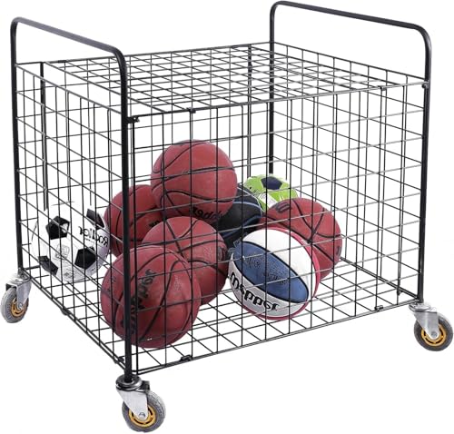 Image of 50604 Professional Gym Metal Multi Sports Ball Storage Cart with Jumbo Industrial Wheels, Commercial Grade Portable Equipment Locker Cage for Basketball, Football, Volleyball - Black