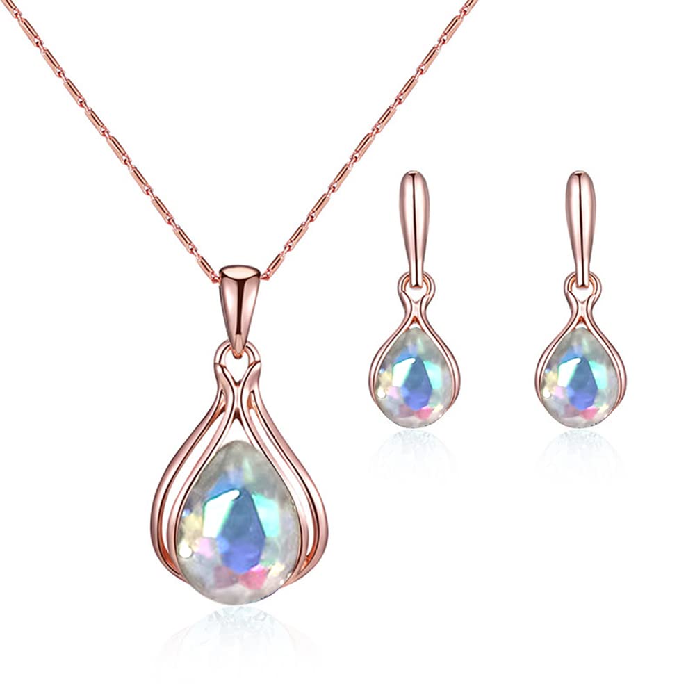 FFWTPY Oro Rosa Conjuntos de Joyas para Mujer Novia Juego de Collar y Pendientes de Cristal Boda Lágrima Colgante joyas para Niña y Dama de honor