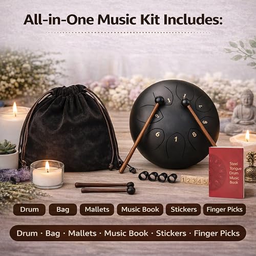 Image of LUXONIX Steel Tongue Drum 6 Inch 8 Notes | Handpan Percussion Instrument for Meditation, Yoga, Music Education & Healing | Includes Bag, Mallets, Music Book & Accessories (Black)