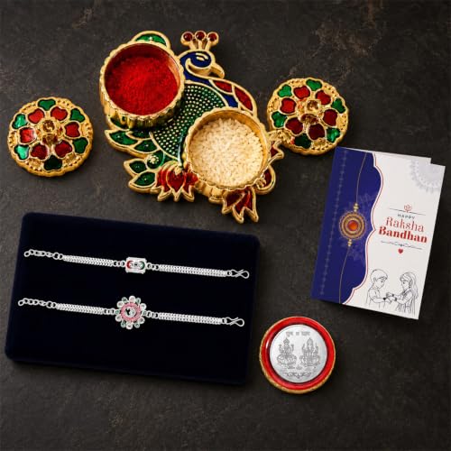 Image of Oblivion Peacock Pooja Thali with Rakhi Set for Brother - Rakhis for Brother Set of 2, Om Floral Design with Silver Colour Pooja Coin & Greeting Card - Raksha Bandhan Gift Combo