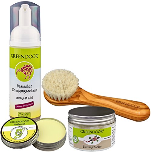 Preisvergleich Produktbild Greendoor Anti-Pickel-Set Exclusive - Anti Pickel Balsam + basischer Reinigungsschaum + Gesichtspeeling + weiche Premium Gesichtsbürste Olivenholz, Naturkosmetik natürlich ohne Tierversuche