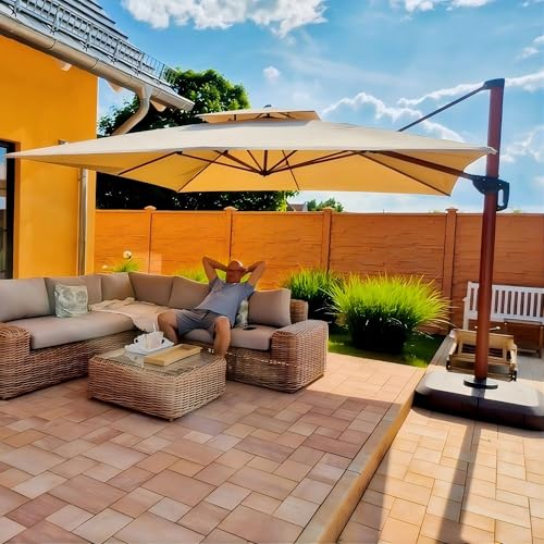 PURPLE LEAF Alu Sonnenschirm Groß Ampelschirm 365 x 365 cm Holzoptik Doppeldach Gartenschirm mit Kurbel 360° Drehbar XXL, Sonnenschutz UV50+, Beige