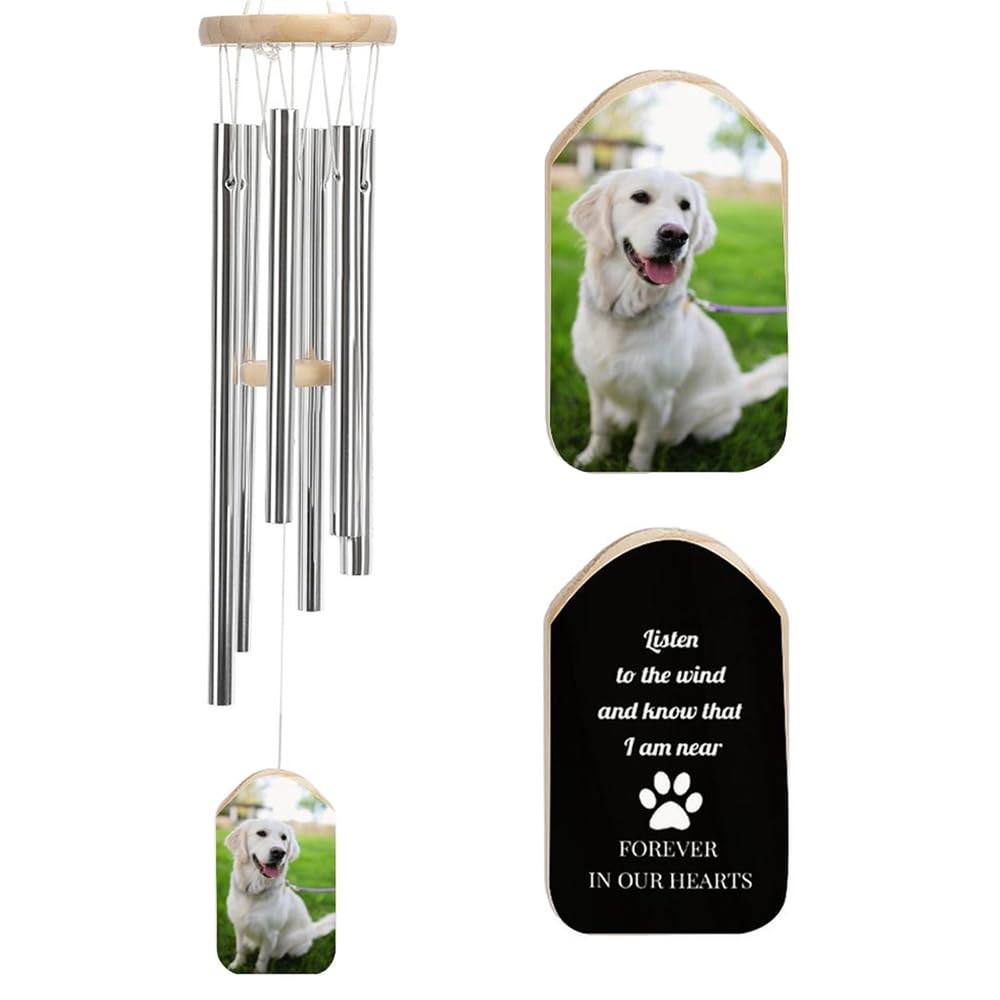 Custom Wind Chimes with Photo Text Personalized Wind Chimes Memorial Wind Bell for Loss of Dog, Gift for Mother Dad Mom Dog Pet Wedding New Home (Front photo back text-dog)
