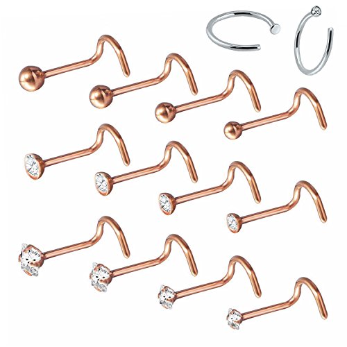 BodyJ4You 14PC Nose Screw Studs Hoop Rings 20G Rose Goldtone Steel CZ Crystals Nostril Body Piercing