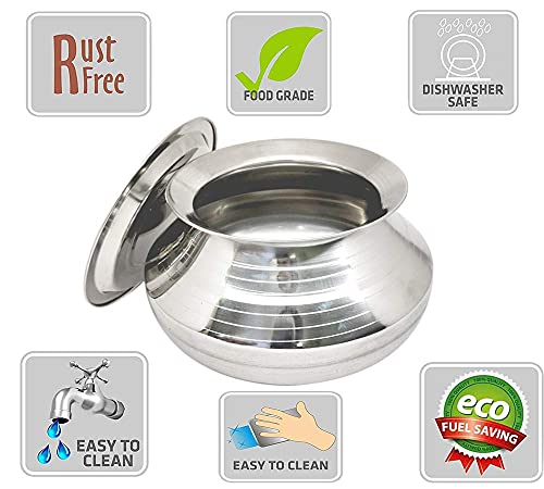 Image of Small Stainless Steel Handi With Lid (Pongal Handi, 2500 ML, Dishwasher Safe) Handi 2.5 L With Lid (Stainless Steel) (2.5 Liter)