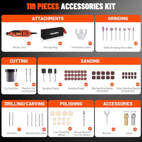 ValueMax Rotary Tool Kit, 130W Powerful Rotary Multi Tool with Variable Speed, Mini Grinder Set with 119pcs Accessories for Craft Projects and DIY, Engraving, Cutting, Sanding, Polishing 2 ValueMax Rotary Tool Kit, 130W Powerful Rotary Multi Tool with Variable Speed, Mini Grinder Set with 119pcs Accessories for Craft Projects and DIY, Engraving, Cutting, Sanding, Polishing - Image 2