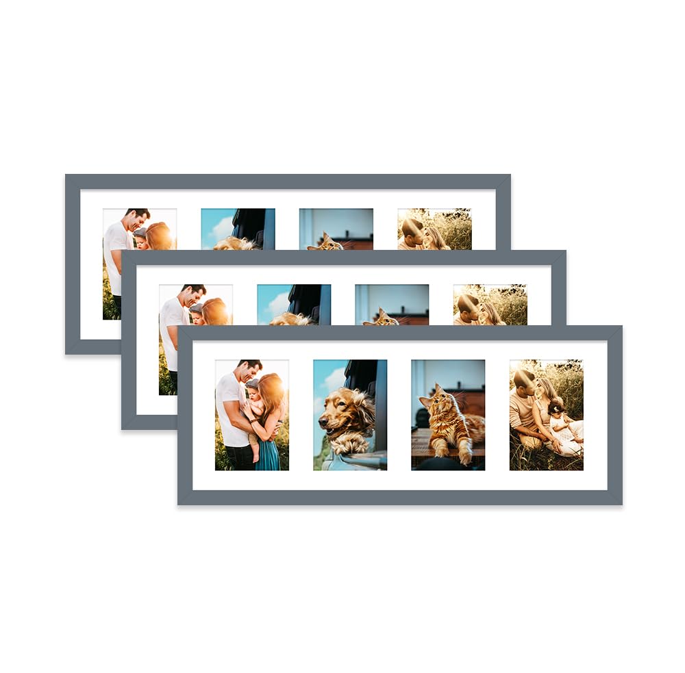Grey Multi Photo Frame - Holds 4 x 6x4 Pictures, Family Collage Picture Frame for Wall Display, 8x22 Panoramic Frame Size, Set of 3
