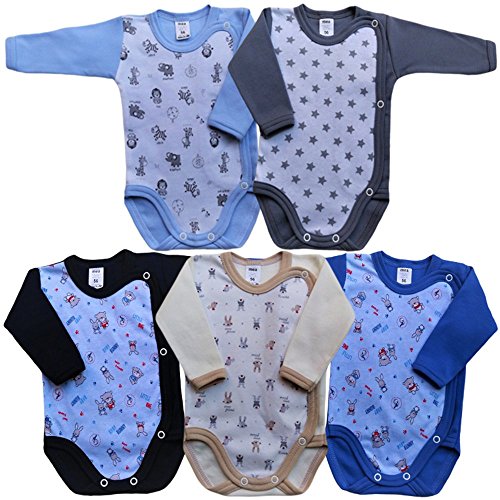 MEA BABY Unisex Baby Langarm Wickelbody mit Print 5er Pack. Baby Wickelbody Mädchen Baby Wickelbody Junge (56, Boy)