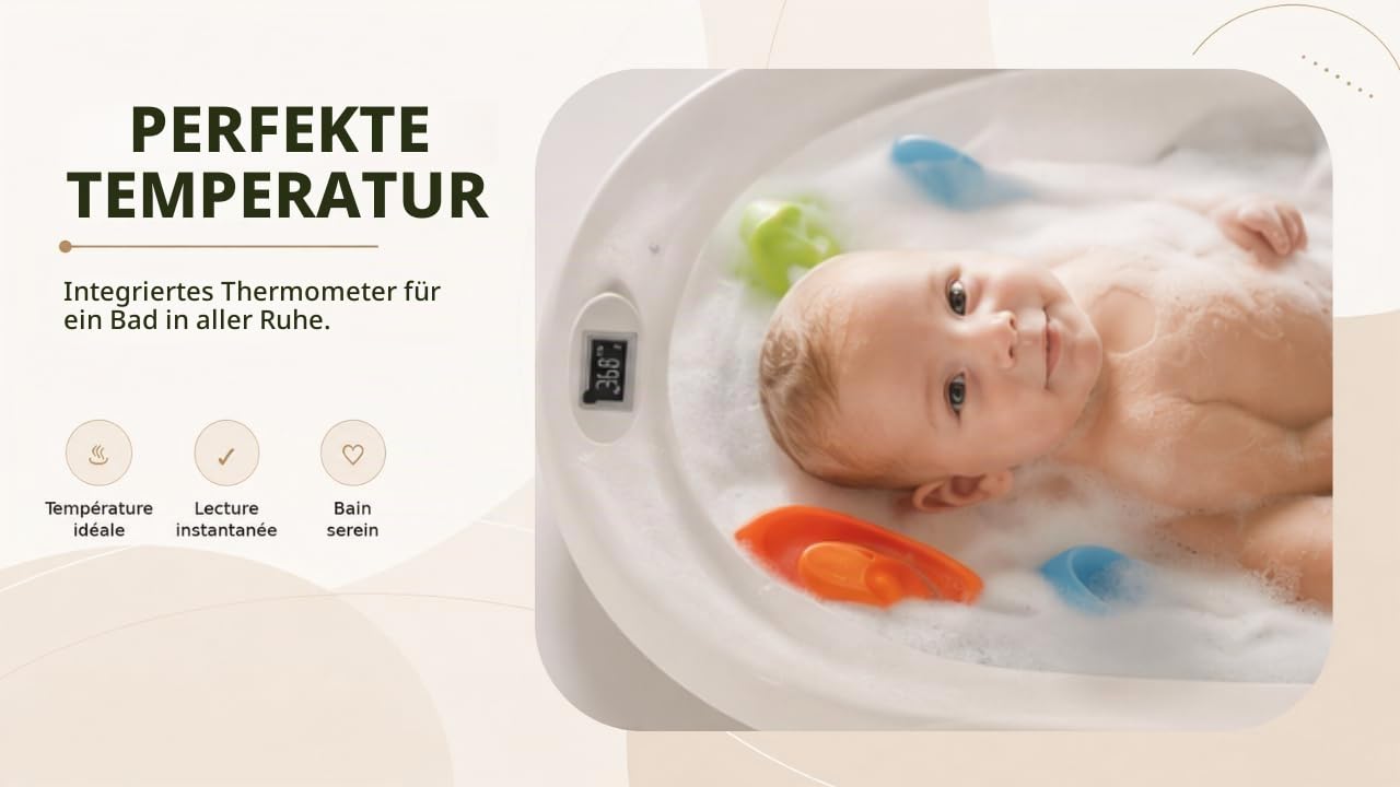 Faltbare Babybadewanne mit Ständer aus Stahl, integriertes Thermometer, ergonomisches Kissen und Ablaufschlauch – Baby Delfin – kompakt und tragbar, 0 – 3 Jahre, Grau
