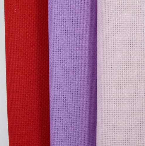 Image of KCS 3 pc of 15 inch x 18 inch(38cmx45cm) Counted Cross Stitch Cotton Aida Cloth Needlework Rolled Fabric Box,16CT,Lavender+Pink+Red
