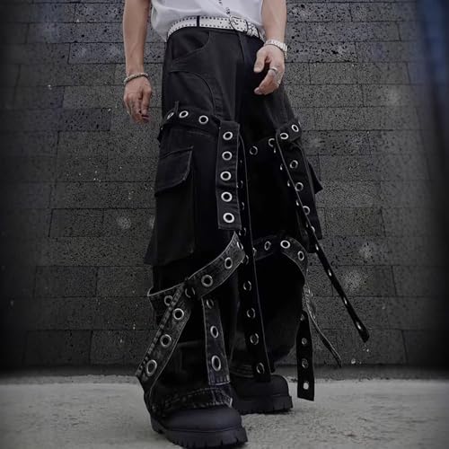 XYXIONGMAO Men's Gothic Baggy Wide Leg with Adjustable Straps Multi-Pockets Punk Techwear Y2K Streetwear Cargo Pants for Men3