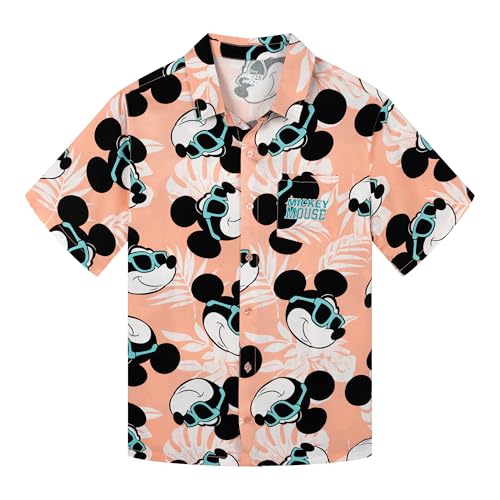 Disney Mickey Mouse Mens Hawaiian Button Down Dress Shirt Peach Pink Large