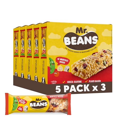 Mr. Beans, Barritas de Arándanos Rojos a Base de Legumbres, Ricas en Fibra y Fuente de Proteínas, Snack Plant-Based, Legumbres Italianas, Sin Gluten, 5 Paquetes de 3 uds, 420 g