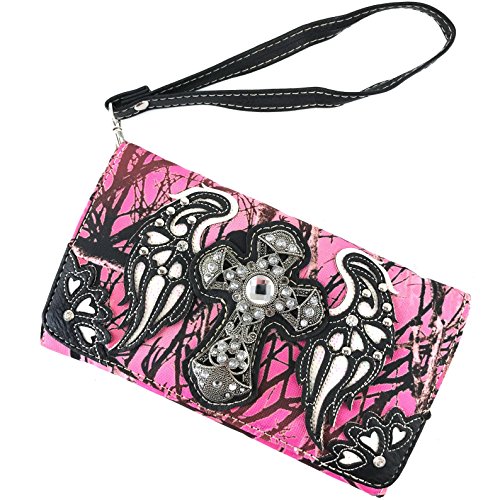 Justin West Laser Cut Rhinestone Cross Studded Cross Shape Design Wristlet Trifold Wallet Attachable Long Strap4