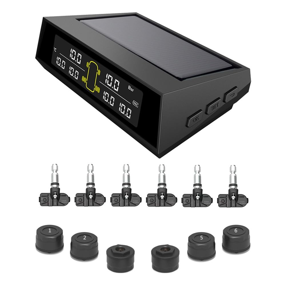 FUBESK Sistema di pressione per pneumatici auto TPMS LCD solare wireless con 6 sensori, ricarica USB, display in tempo reale per 4-6 pneumatici, PSI/BAR, allarme temperatura, nero