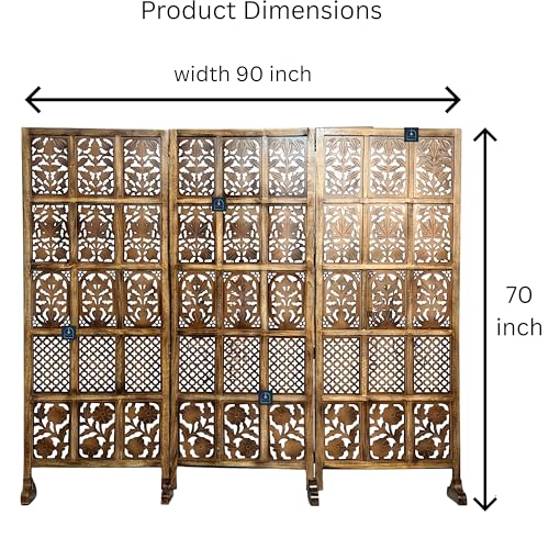 Image of Wooden Room Partition /Screen /Room Divider /Room Separator Burnt Wood Finish (Hand Buffing) Frame Traditional Handicrafts 6Ft Height (30 Inches Width 3 Panel)
