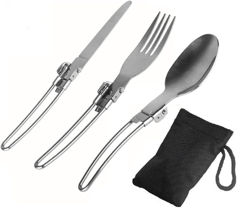 Stainless Steel Folding Camping Utensil Set with Fork, Spoon and Carry Bag, Compact Portable Cutlery for Hiking, Travel, Picnic and Outdoor Cooking, Dishwasher Safe, Silver